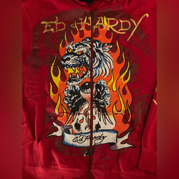 Ed Hardy 🐅 Full Zip Red Hoodie with Tattoo Inspired Graphic Design NWT - Picture 3 of 8